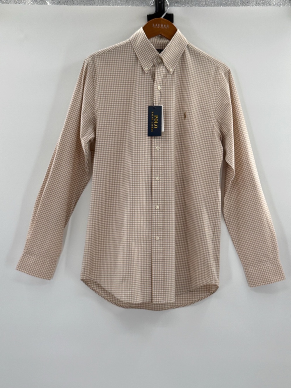 Polo Ralph Lauren Classic Fit Gingham Button Down Shirt Small Khaki Stretch - Picture 7 of 10